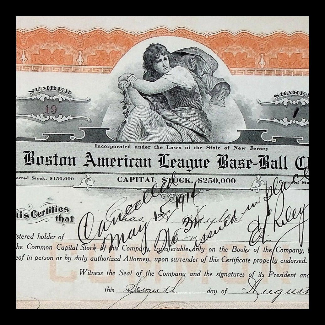 Boston American League Base-Ball Club Stock Certificate from 1913 - Signed by James McAleer Red Sox