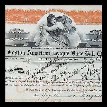 Boston American League Base-Ball Club Stock Certificate from 1913 - Signed by James McAleer Red Sox