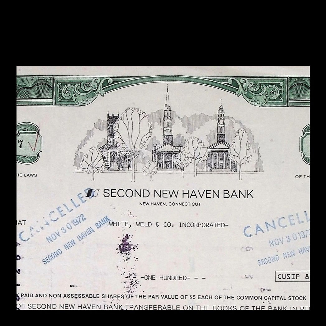 Second New Haven Bank Stock Certificate from 1972