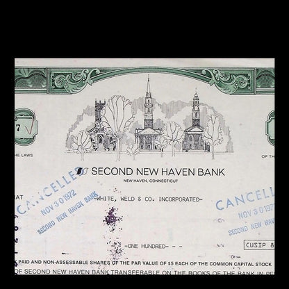 Second New Haven Bank Stock Certificate from 1972