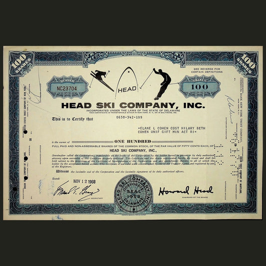 Head Ski Company Stock Certificate from 1968