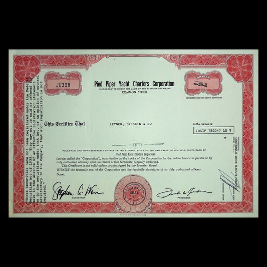 Stock certificate for Pied Piper Yacht Charters Corporation with red and green design.