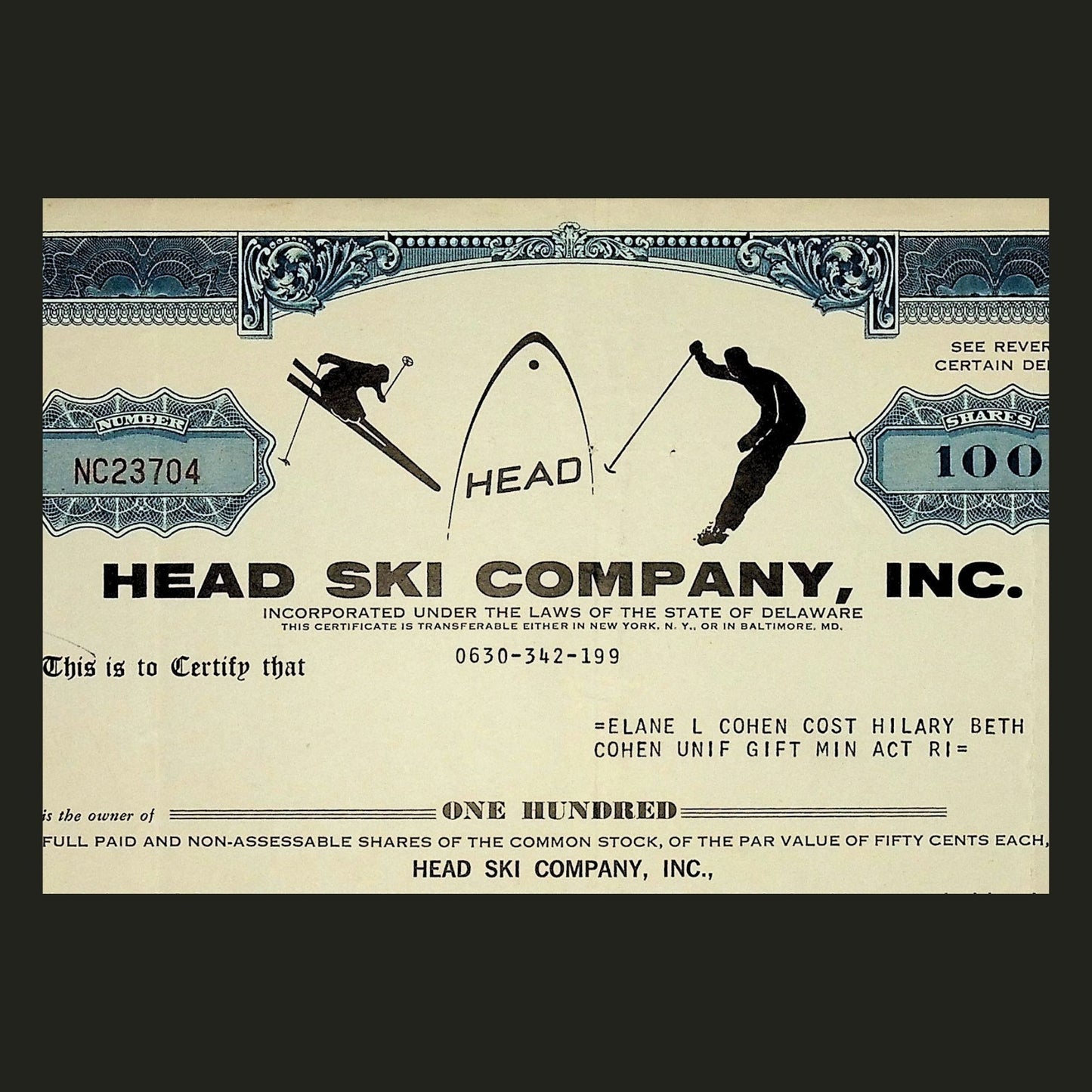 Head Ski Company Stock Certificate from 1968