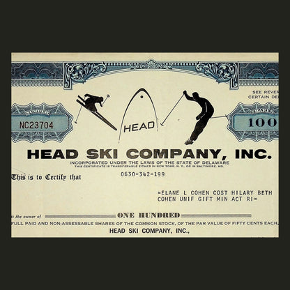 Head Ski Company Stock Certificate from 1968