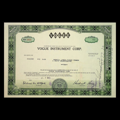 Vogue Instrument Corporation Stock Certificate from 1970s