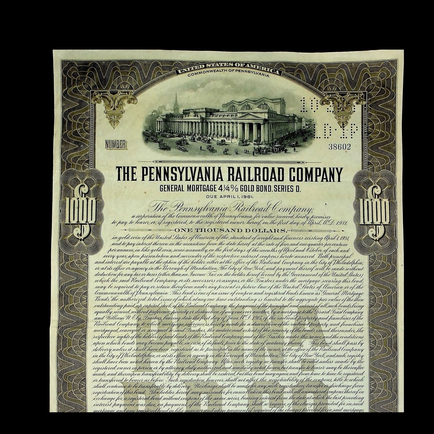 Pennsylvania Railroad Company Bond from 1931 featuring Penn Station