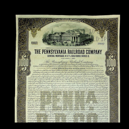 Pennsylvania Railroad Company Bond from 1931 featuring Penn Station