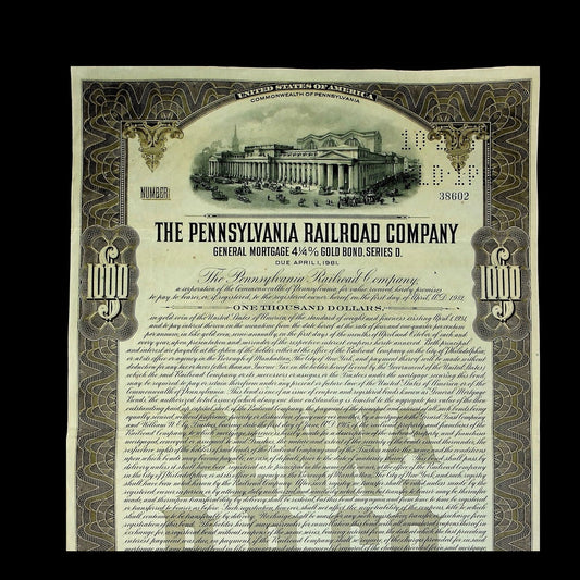 Pennsylvania Railroad Company Bond from 1931 featuring Penn Station