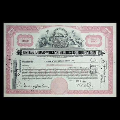 United Cigar-Whelan Stores Corporation Stock Certificate from 1940s