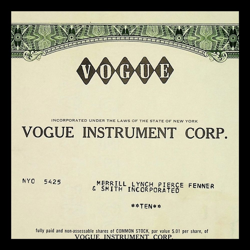 Vogue Instrument Corporation Stock Certificate from 1970s