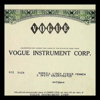 Vogue Instrument Corporation Stock Certificate from 1970s