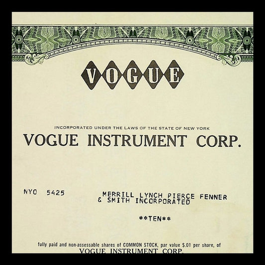 Vogue Instrument Corporation Stock Certificate from 1970s