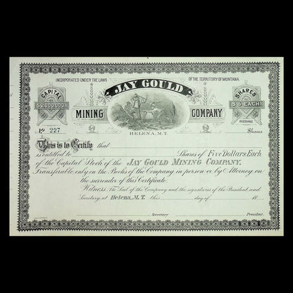 Vintage style stock certificate from the Jay Gould Mining Company, with company details and a graphic in the center.