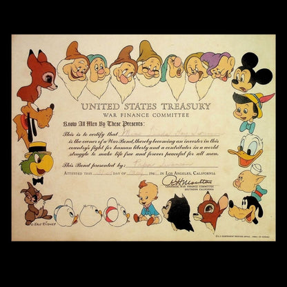 Walt Disney World War 2 US Treasury Bond Certificate from 1945