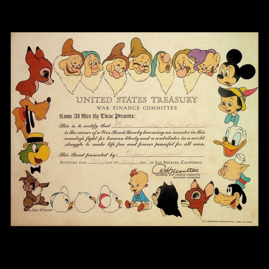 Walt Disney World War 2 US Treasury Bond Certificate from 1945