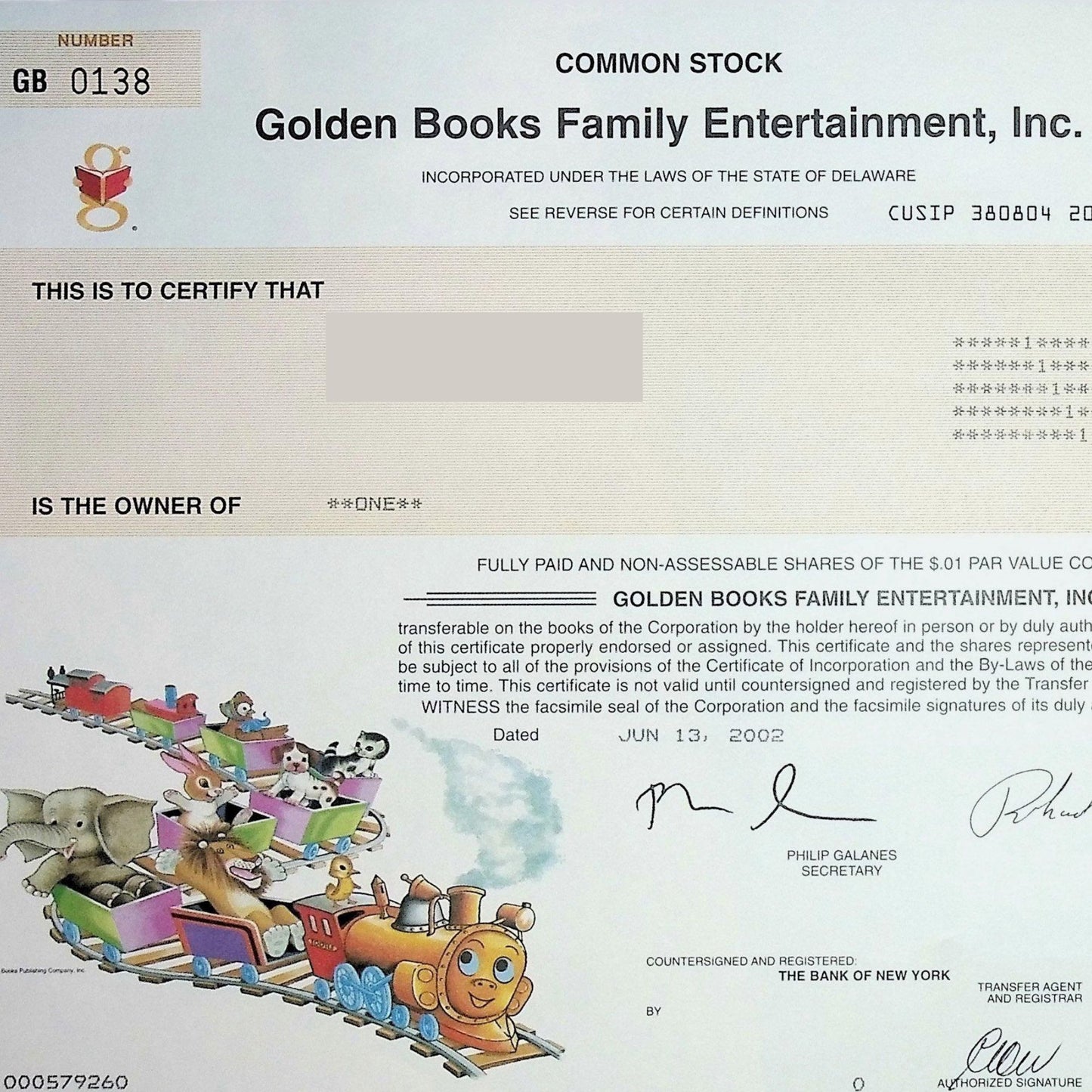 Golden Books Family Entertainment Stock Certificate from 2002 (dot com)