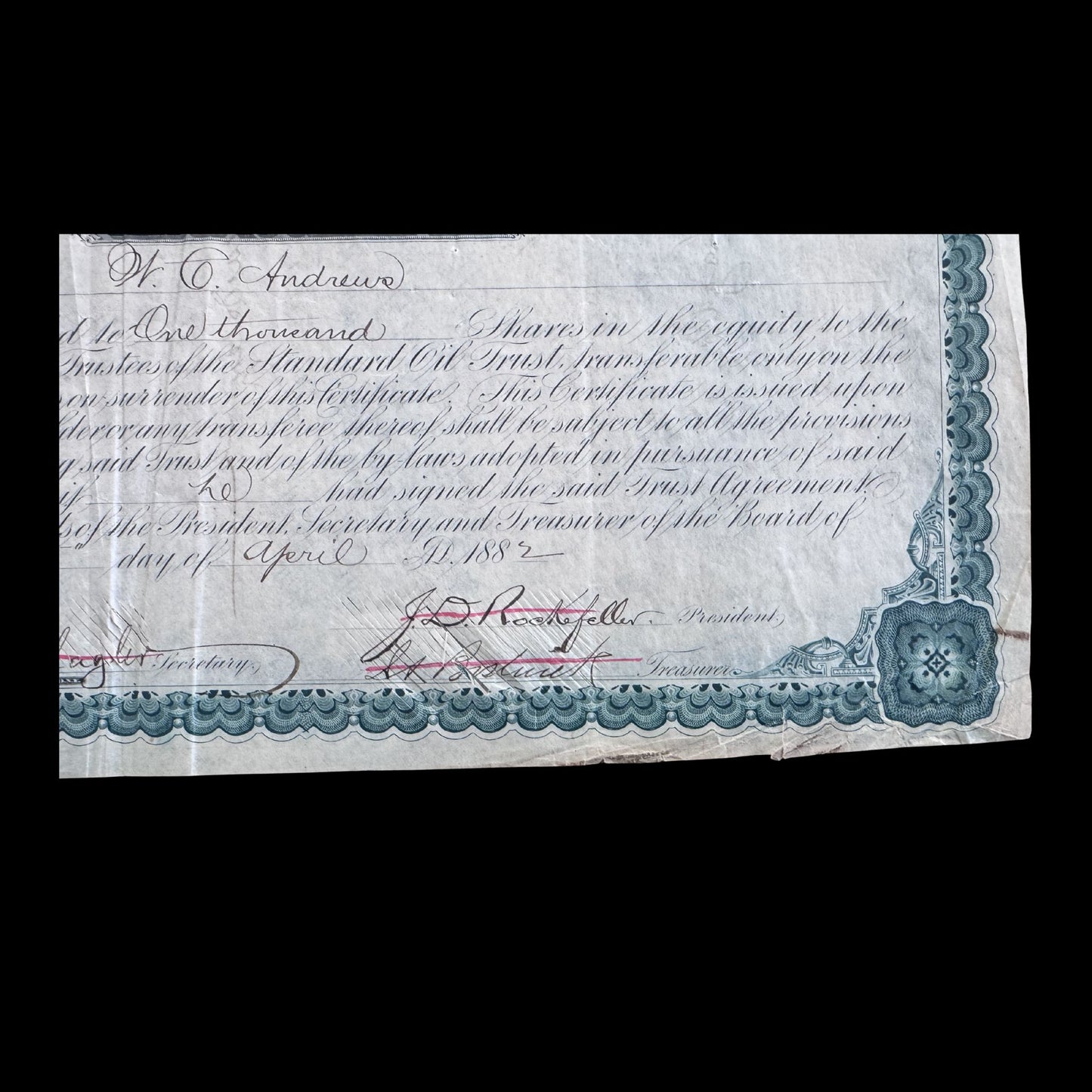 Standard Oil Trust Stock Certificate signed by John D Rockefeller and Henry Flagler from 1882