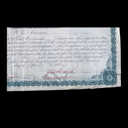 Standard Oil Trust Stock Certificate signed by John D Rockefeller and Henry Flagler from 1882
