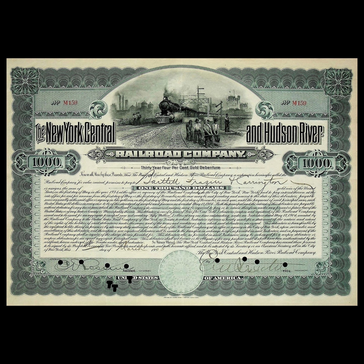 Large New York Central and Hudson River Railroad Company Bonds from 1950s (6 color options)