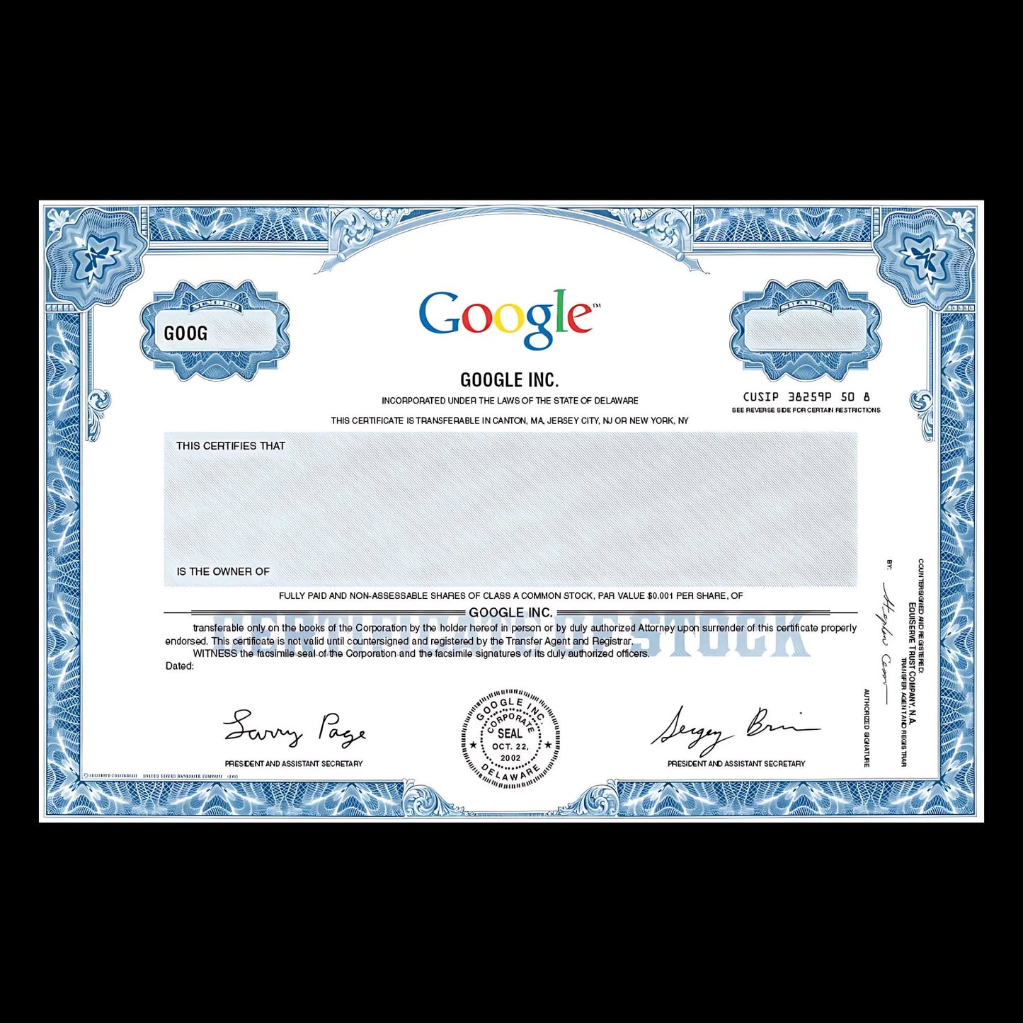 Google Stock Certificate Replica Blank Postcard