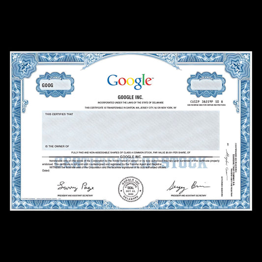 Google Stock Certificate Replica Blank Postcard