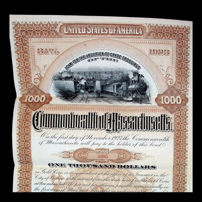 Commonwealth of Massachusetts Bond Certificate from 1896 with Coupons