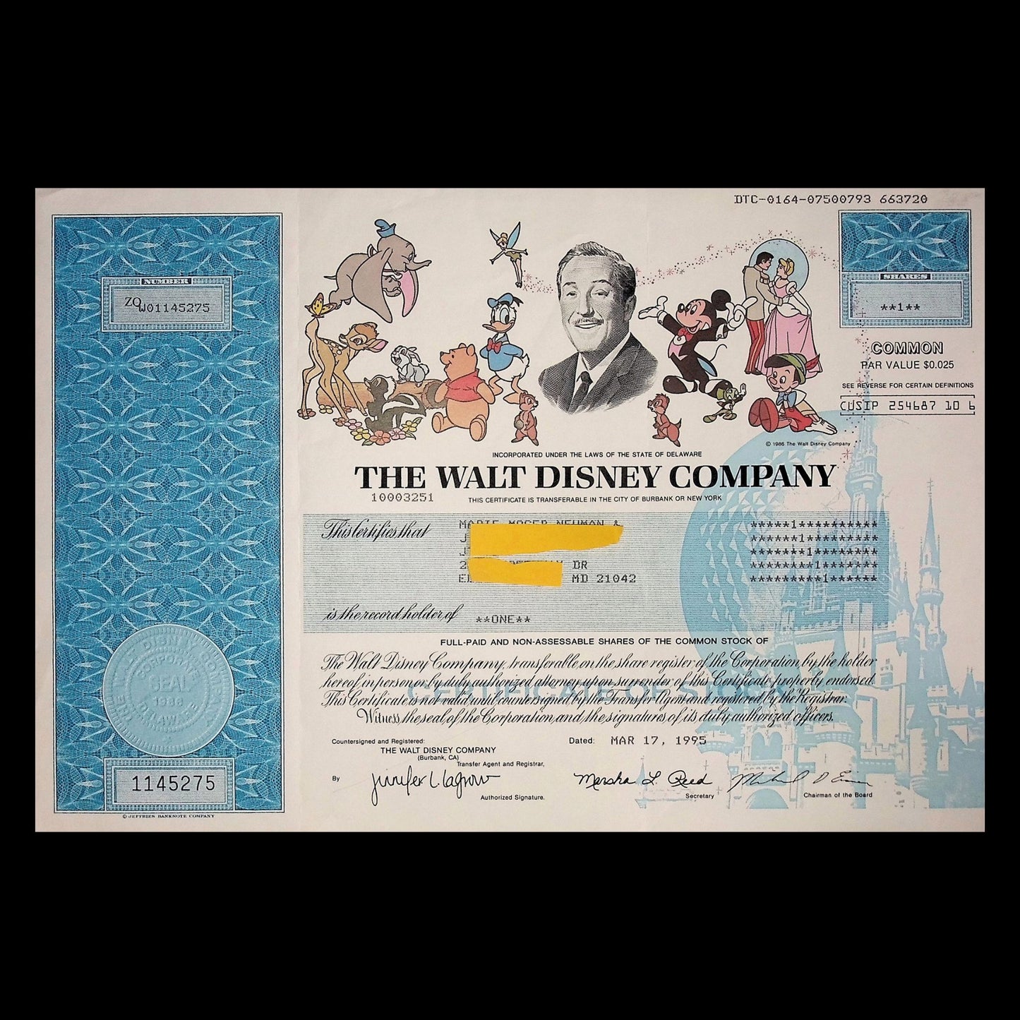 The Walt Disney Company Stock Certificates from 90s to 2000s ft Mickey Mouse and friends