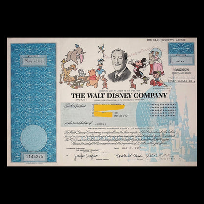 The Walt Disney Company Stock Certificates from 90s to 2000s ft Mickey Mouse and friends