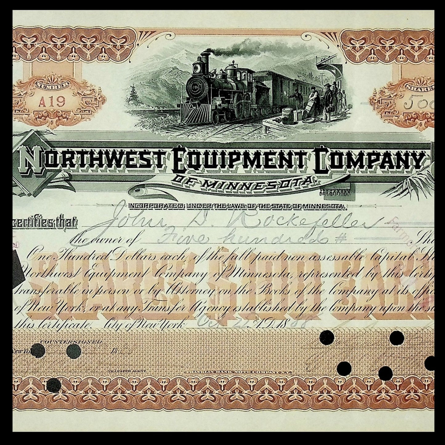 Signed by John D Rockefeller - Northwest Equipment Company Stock Certificate from 1888