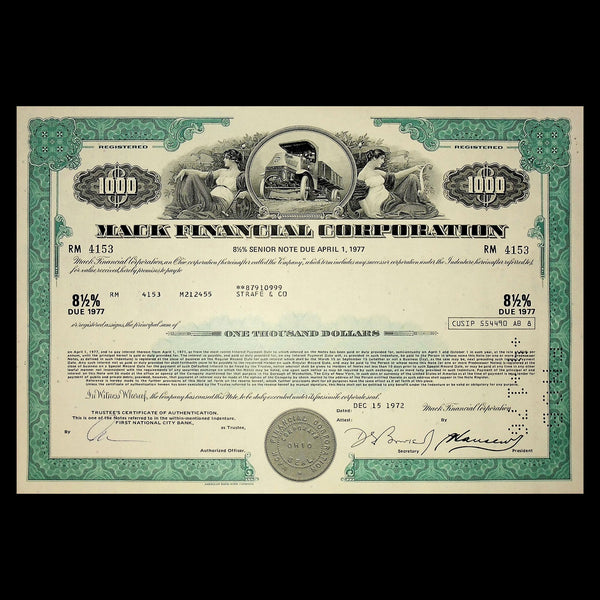 Mack Financial Corp (Trucks) Bond Certificate from 1970s – Ticker History