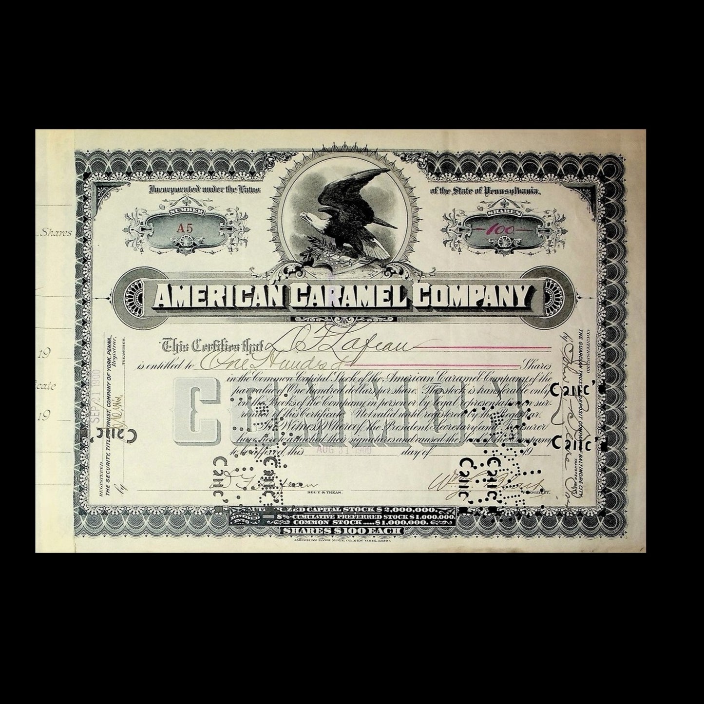American Caramel Company Stock Certificate from 1900