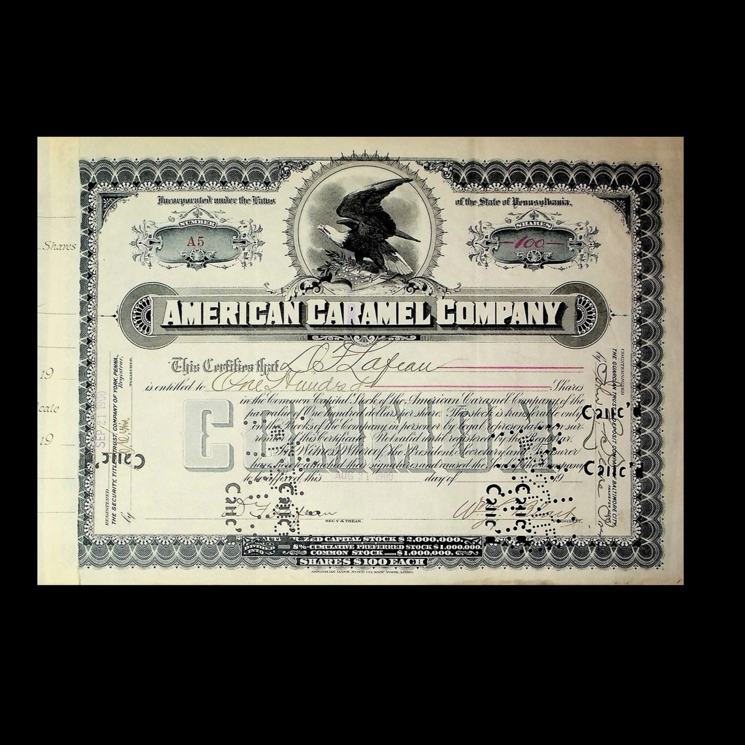 American Caramel Company Stock Certificate from 1900