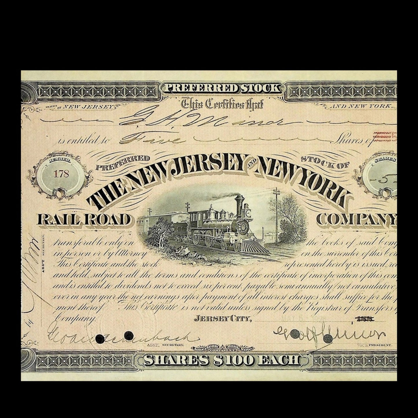 The New Jersey & New York Railroad Company Stock Certificate from 1928