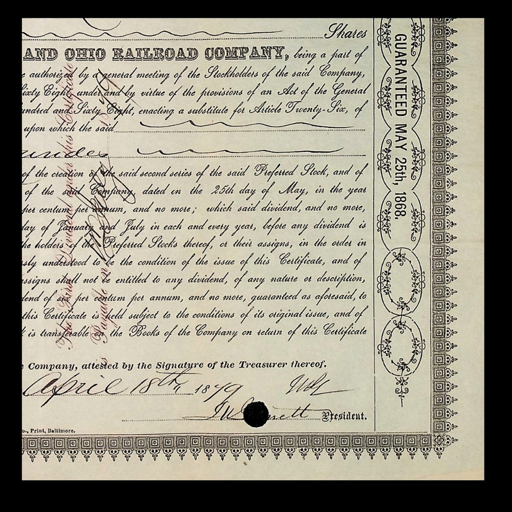 Baltimore & Ohio Railroad Stock Certificate from 1849