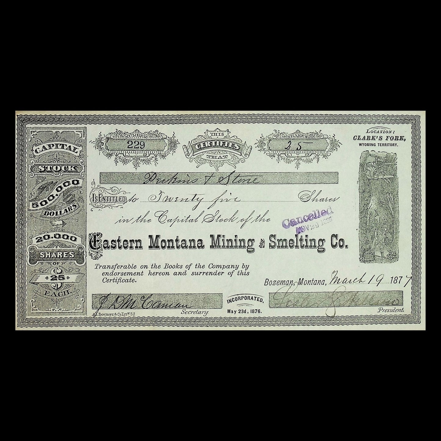 Eastern Montana Mining and Smelting Co (Montana) Stock Certificate from 1877