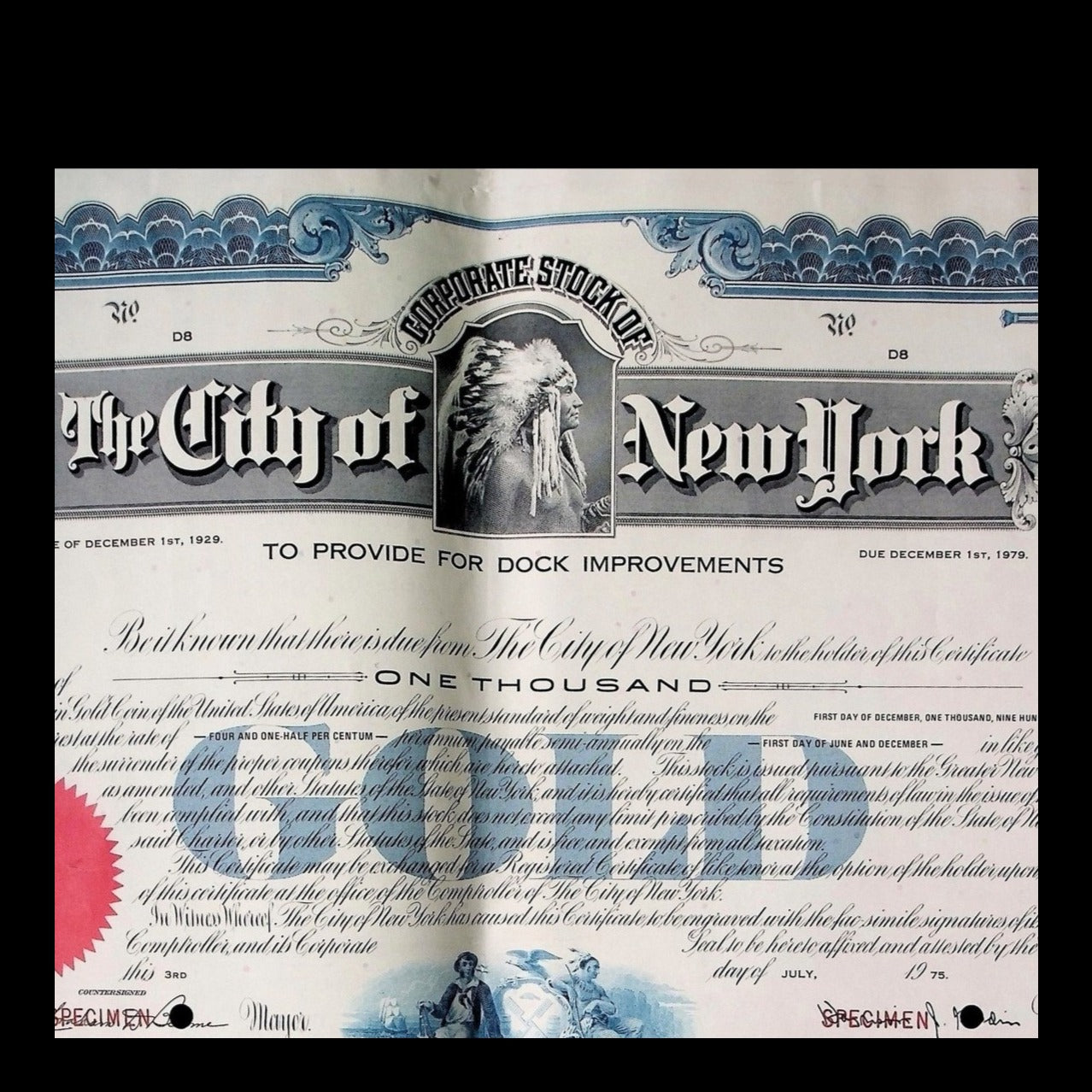 The City of New York Dock Improvement Bond from 1929