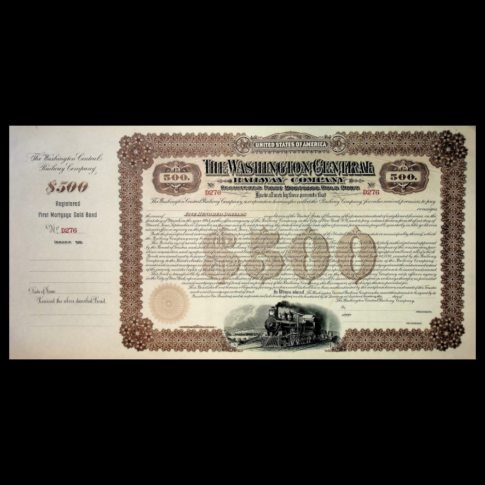 Washington Central Railway Company Unissued Gold Bond Certificate from 1900