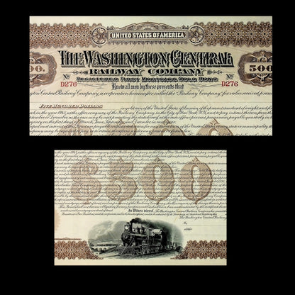 Washington Central Railway Company Unissued Gold Bond Certificate from 1900