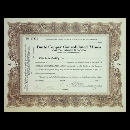 Butte Copper Consolidated Mines (Montana) Stock Certificate from 1920s
