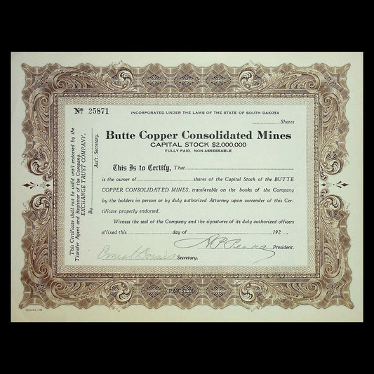 Butte Copper Consolidated Mines (Montana) Stock Certificate from 1920s