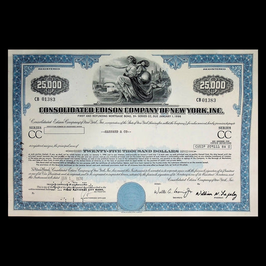 Consolidated Edison Company $25,000 Bond Certificate from 1970s