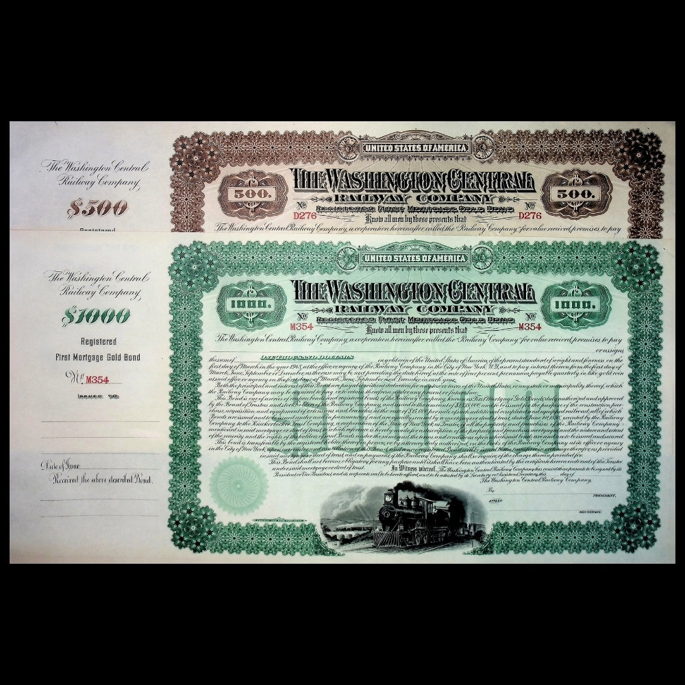 Washington Central Railway Company Unissued Gold Bond Certificate from 1900