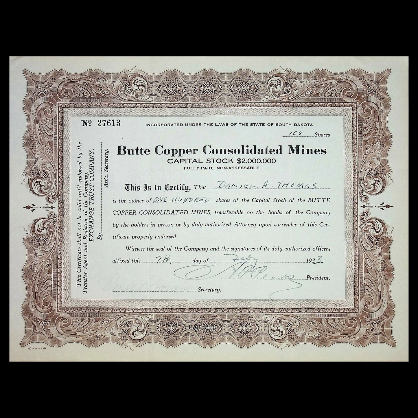 Butte Copper Consolidated Mines (Montana) Stock Certificate from 1920s