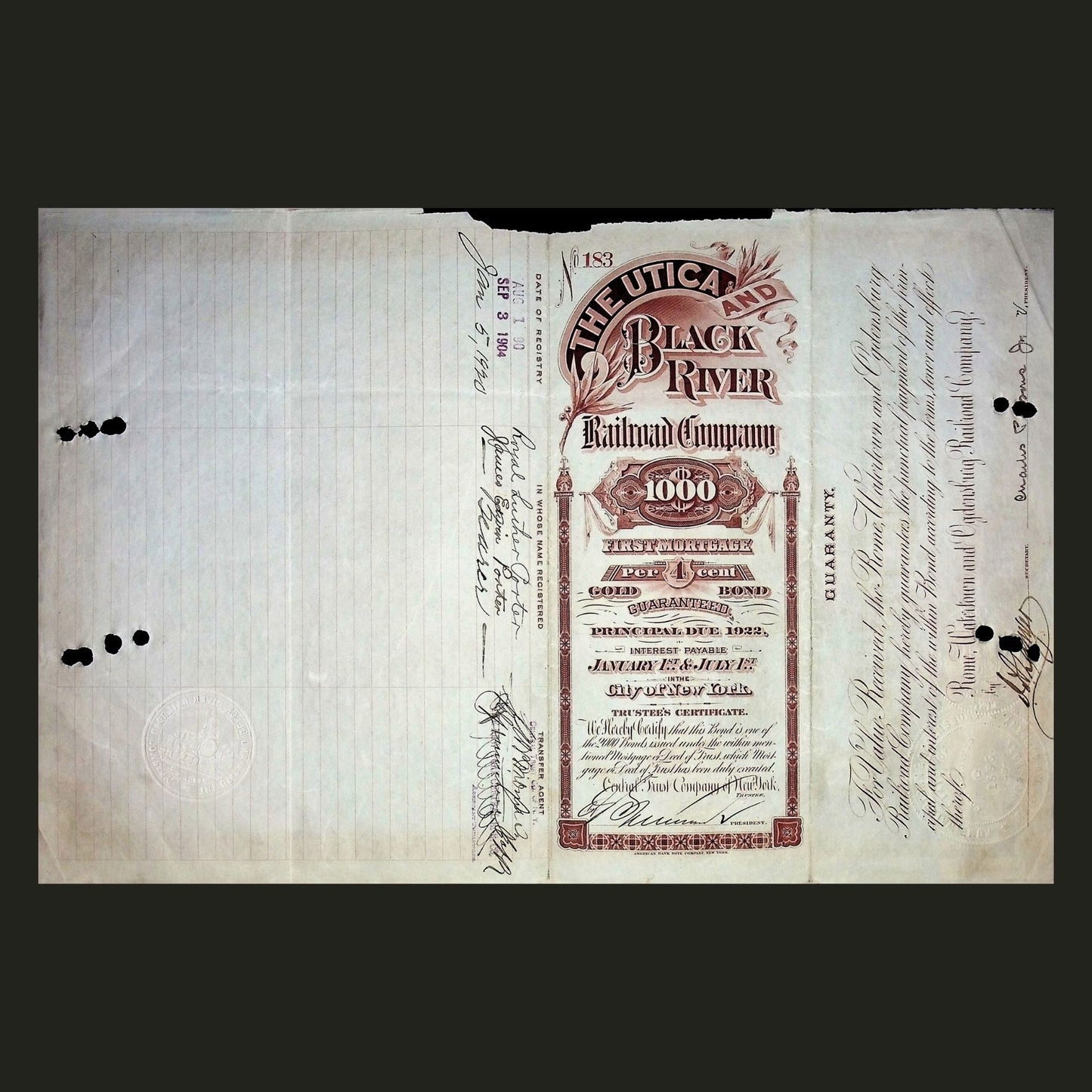 The Utica and Black River Railroad Company Bond from 1890