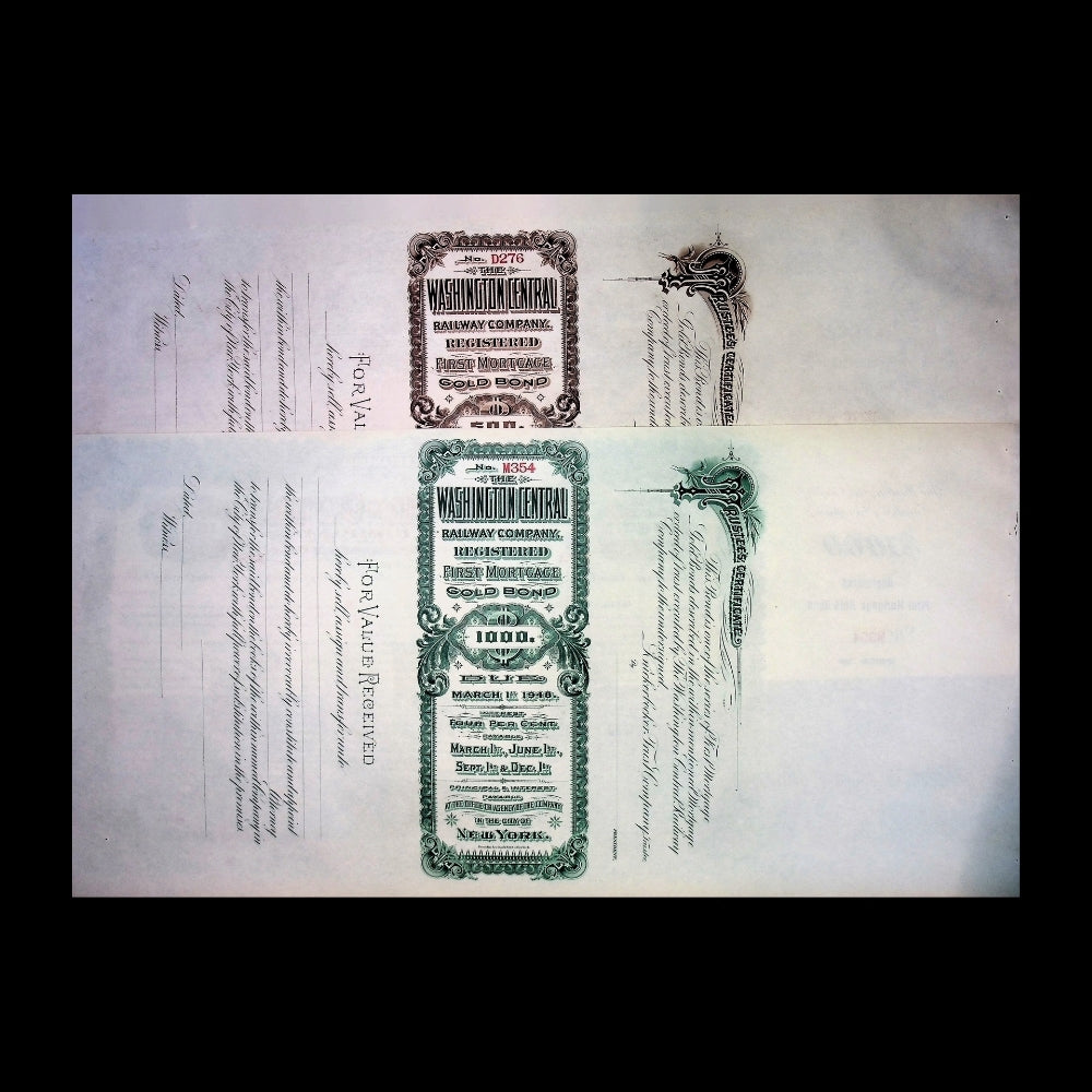 Washington Central Railway Company Unissued Gold Bond Certificate from 1900