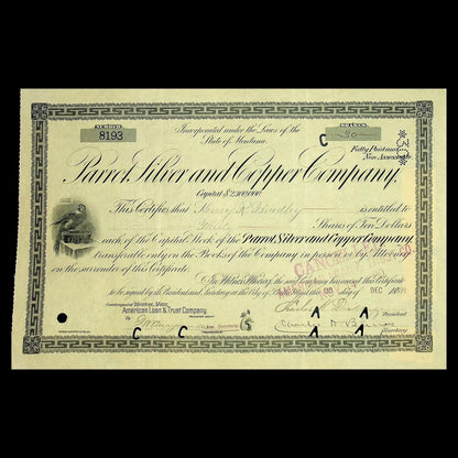 Parrot Silver and Copper Company Stock Certificate from 1899 (Montana) ft image of Parrot!