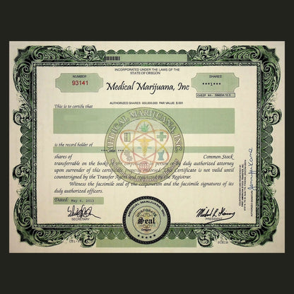 Medical Marijuana, Inc Stock Certificate from 2013