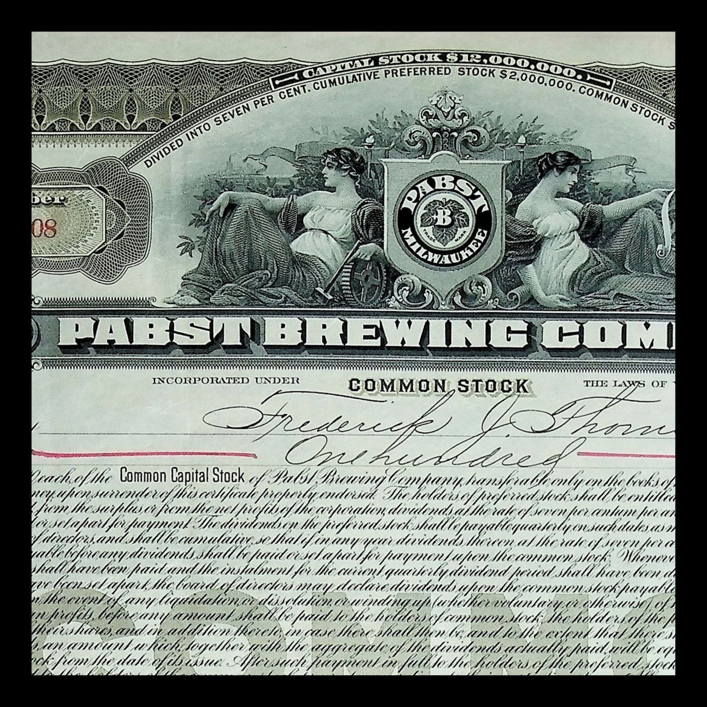 Pabst Brewing Company Stock Certificate from 1914