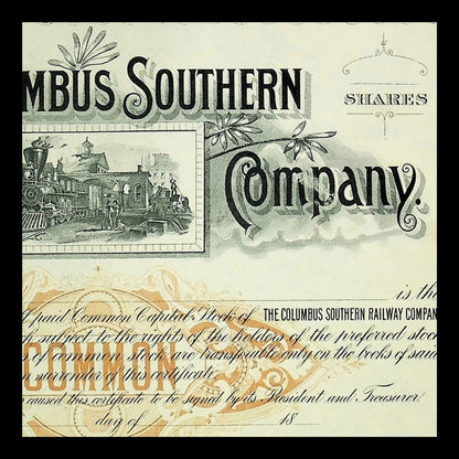 The Columbus Southern Railway Company Unissued Stock Certificate from 1800s