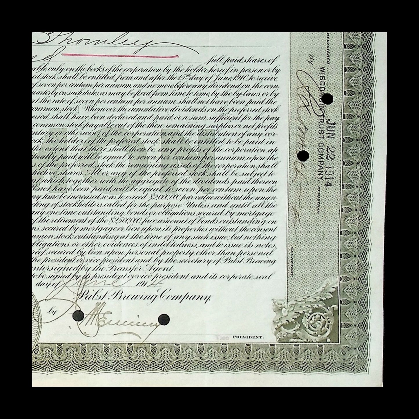 Pabst Brewing Company Stock Certificate from 1914